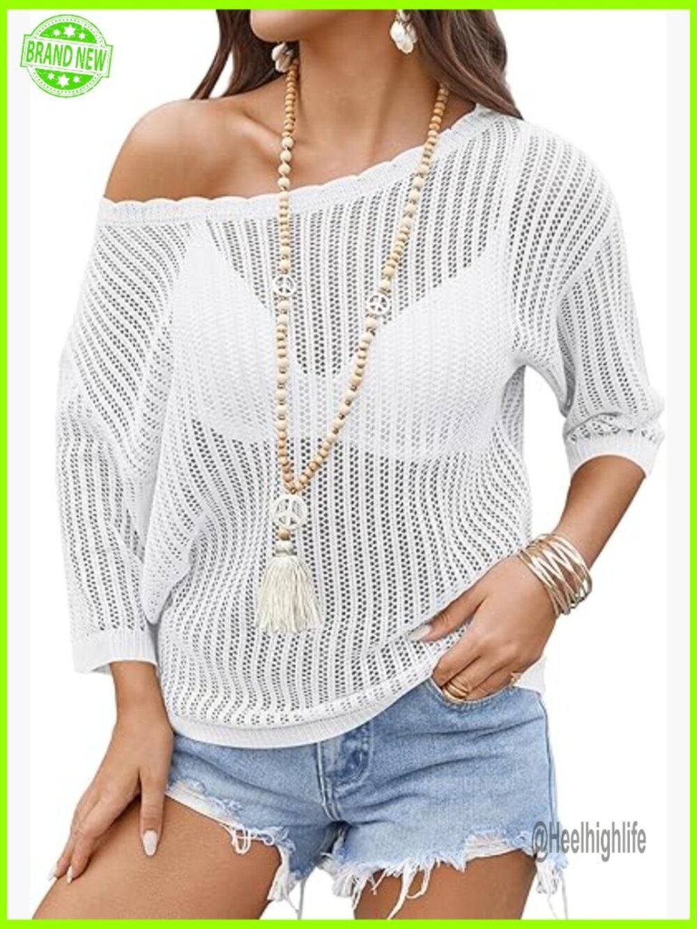 Lightweight Crochet Sweater 3/4 Sleeve Hollow Out Pullover Beach Coverup